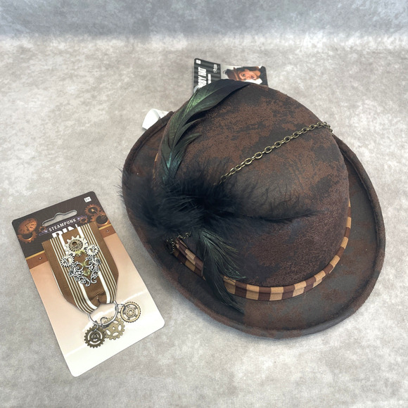 Steampunk Derby Hat & Pin Adult Costume Accessories Halloween Cosplay Dress Up - Picture 1 of 7